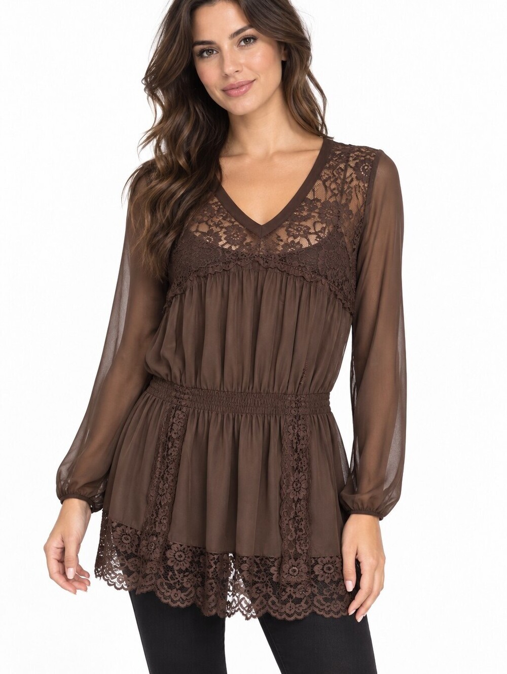 Intimissimi Brown Sheer Silk blend & Laced Blouse - Small